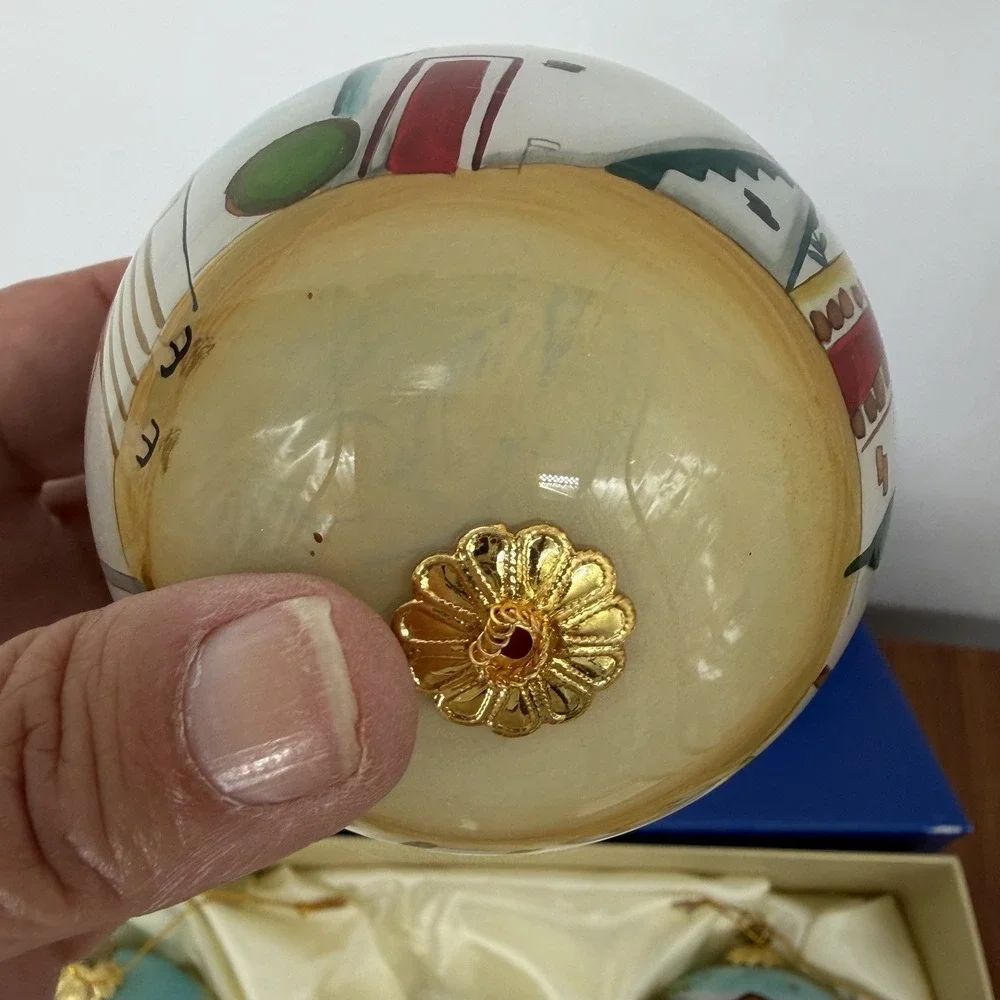 Three Hand‎ Painted Pier One Li Bien 2018 Christmas Ornaments w/ 3 Position Box